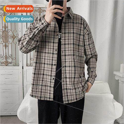 Spring and summer new plaid shirt mens long-sleeved Korean n