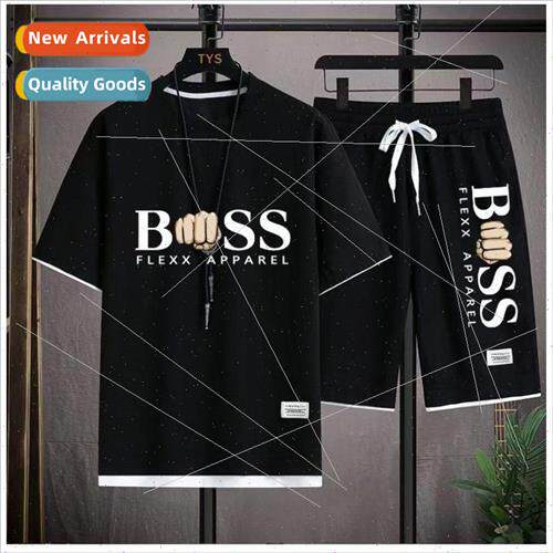 Waffle short-sleeved T-shirt mens casual sports suit summer