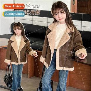 Girls lambs wool coat winter padded leather jacket middle an