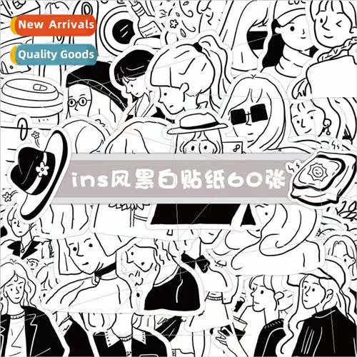 60 ins  black and white stickers cartoon creative simple gir