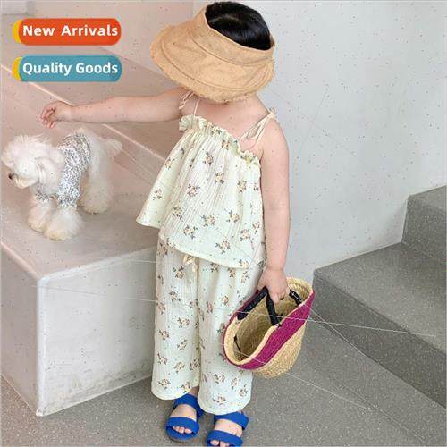 Childrens summer girls French retro cotton printing thin wid