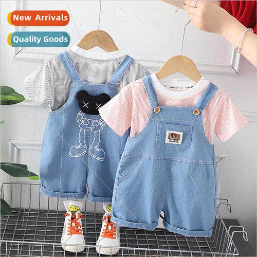 2023 summer new boys casual denim backpack pants two-piece f