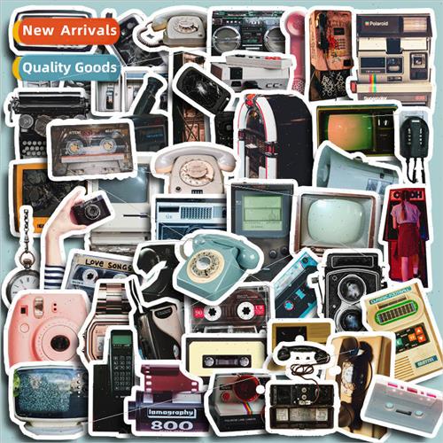 Retro electronic objects 50 stickers cute cartoon line expre