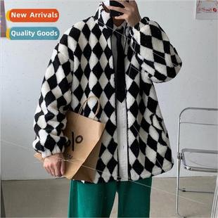 wool velvet thickened plaid men lamb jacket Diamond cotton