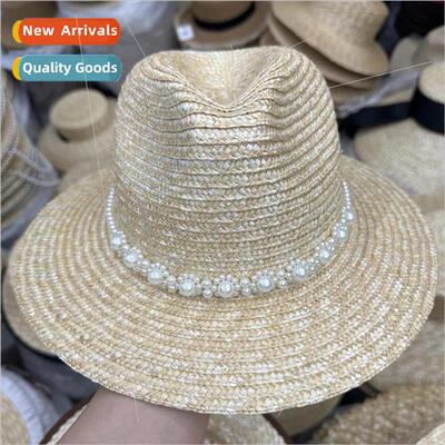 The new fashion pearl straw hat flat cap straw concave model