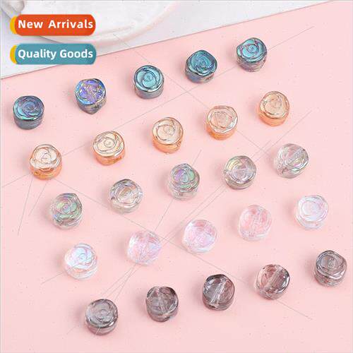 Glass illusion rose color-plated round flat beads loose bead
