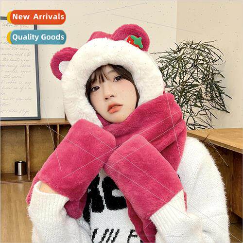 Cute strawberry bear hat scarf all-in-one womens fall and wi