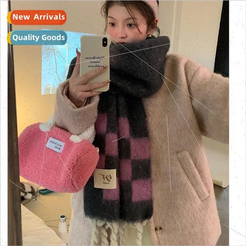 Checkerboard grid soft sticky mohair plaid tassel scarf wome