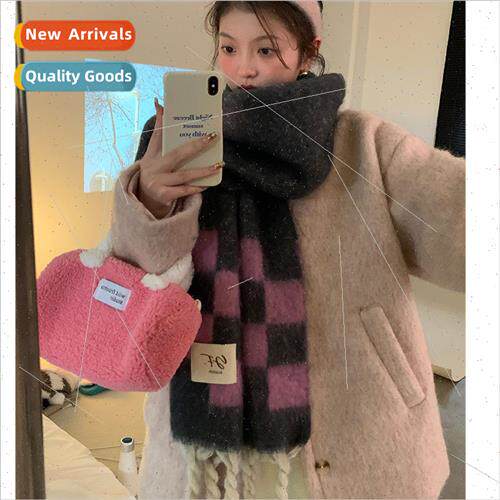 Checkerboard grid soft sticky mohair plaid tassel scarf wome