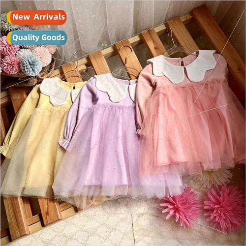New childrens fall girls dress cute doll collar solid color