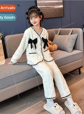 Girls fall and winter coral fleece pajamas set 2023 new midd