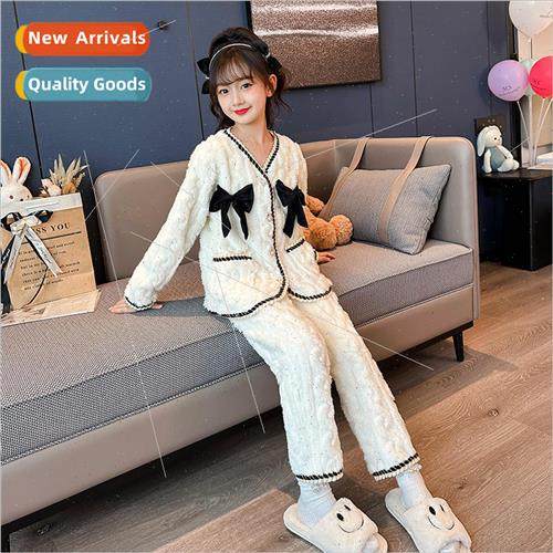 Girls fall and winter coral fleece pajamas set 2023 new midd