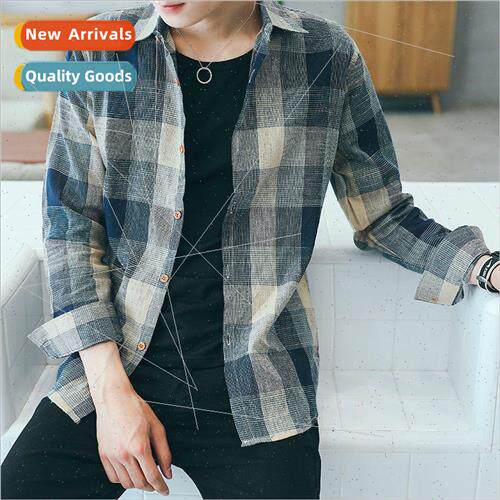 Spring and Autumn gradient color plaid shirt mens long-sleev