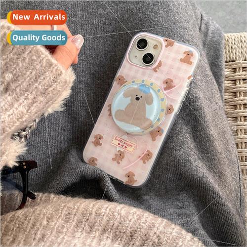 Fresh Pink Checkered 14ProMax Cute Dog Stand iPhone 15 Case