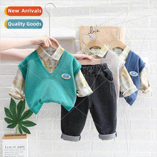 Boys plaid shirt suit childrens fall childrens 2023 new Kore