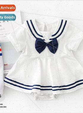 Summer Newborn Triangle Crawling Suit Baby Navy Collar Bowkn