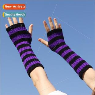 Sleeve Striped Knitted Arm Sleeves Medium Long Open Finger W