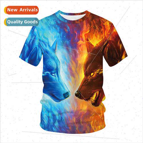 Summer Trend 3D Ice and Fire Wolf T-shirt Digital Printing W