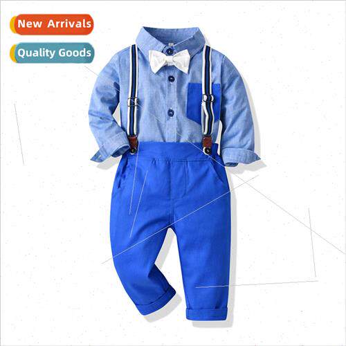 Childrens lapel blue long-sleeved shirt gentleman back pants