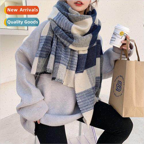 Scarf female winter wild Japanese system white blue plaid im