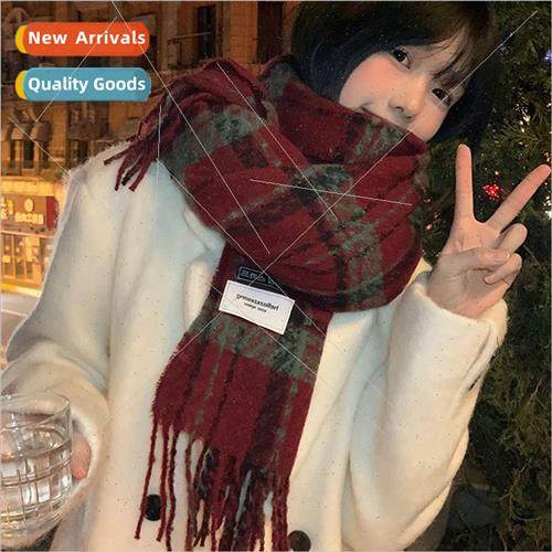Date red plaid scarf female winter thickened warm retro hund