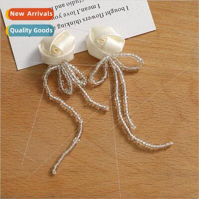 French temperament cloth white rose tassel earrings diy hand