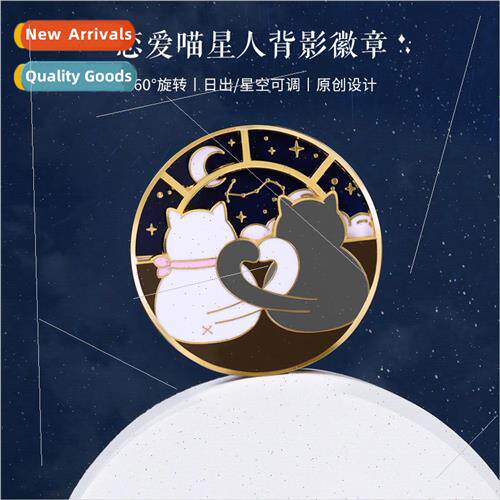 Small fresh enamel couple cat night and day rotating brooch