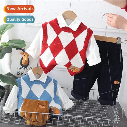 Boys handsome diamond sweater vest three-piece set 2023 spri