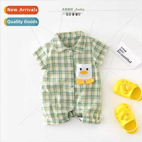 2023 summer new baby lapel plaid short-sleeved onesie men an