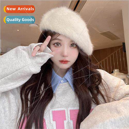 Hat female winter Korean beret with warm niche Angora rabbit