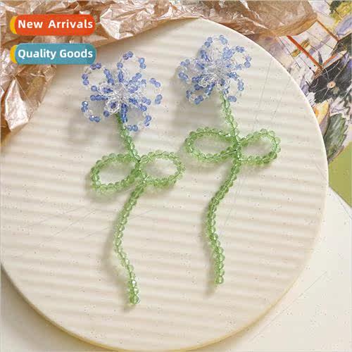 ins braided crystal beaded long blue flower diy handmade ear