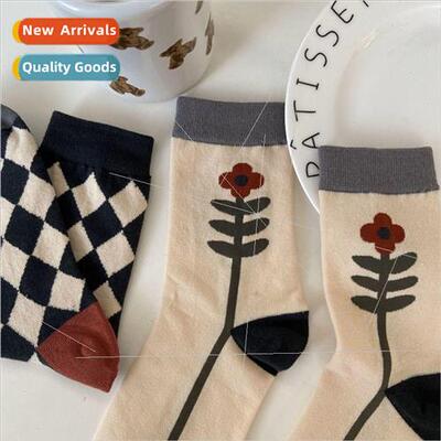 Black and white diamond lattice socks womens mid-calf socks