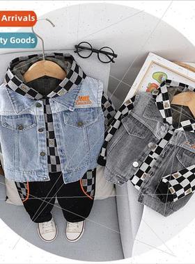Fashion childrens denim vest Handsome middle child checkerbo