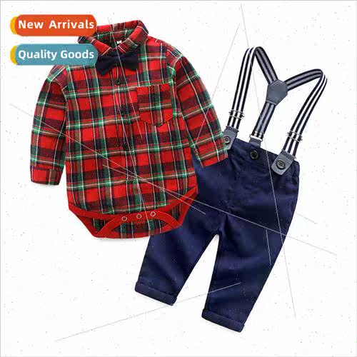 New 2020 fall childrens long-sleeved plaid crawler suit carr