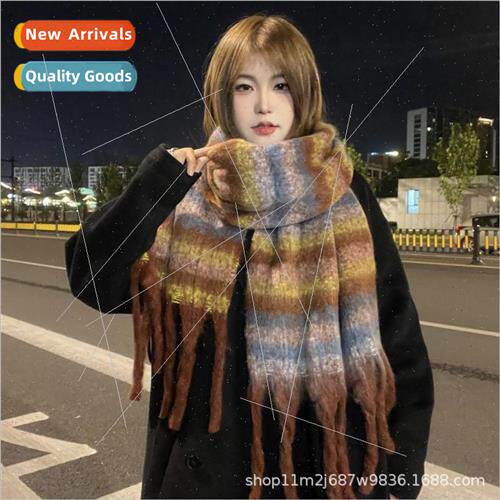 2023 new Korean  of the mohair colorful scarf plaid tassel f