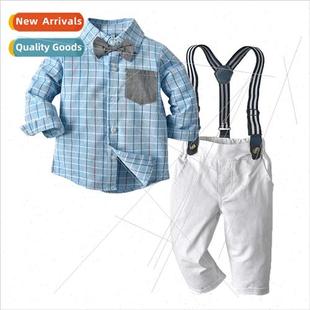 long plaid sleeved shirt retr Childrens suit Korea