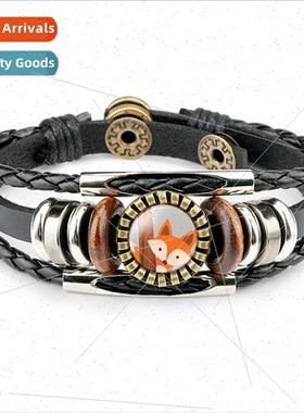 Multi-Layered Handmade Beaded Mens Cowhide Fox Bracelet Anim