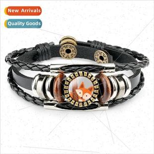 Beaded Mens Cowhide Multi Bracelet Handmade Fox Anim Layered