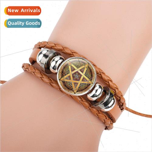 Celtic Pentagram Mystic Symbol Time Gemstone Cowhide Bracele