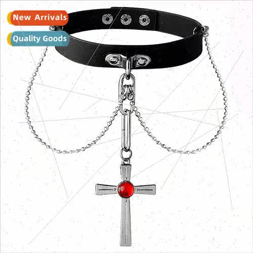 New punk alloy decorative PU leather collar female cross and