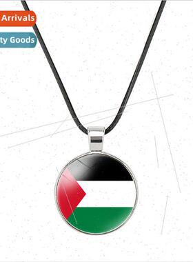 Asian Flags Time Gemstone Round Pendant Black Wax Rope Neckl