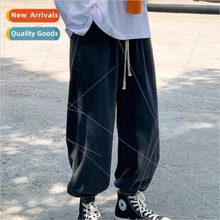 Mens pants ins Hong Kong elastic waist jeans loose wide-leg