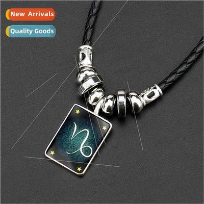 minous Mens Obsidian 12 Zodiac gns Necklace Long Square 12 Z