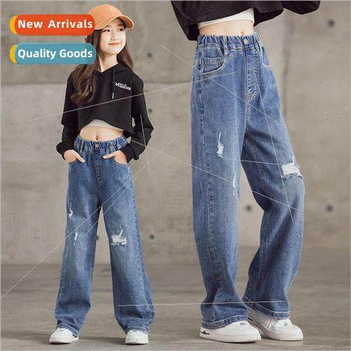 Girls wide-legged pants broken jeans jeans 适用 girls big gi