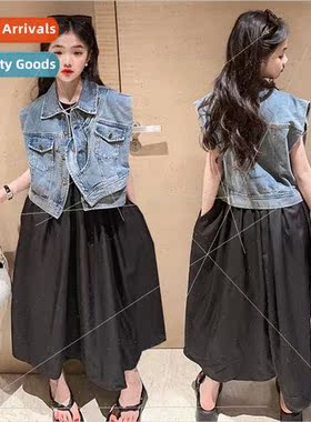 2023 new childrens clothing girls denim vest middle and larg