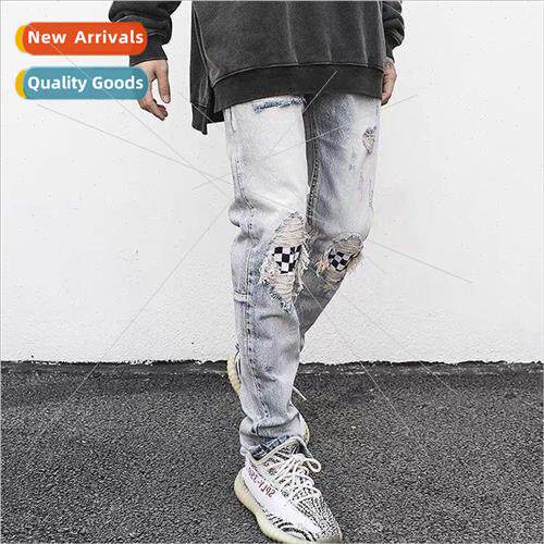 Autumn broken holes checkered jeans mens loose casual versat