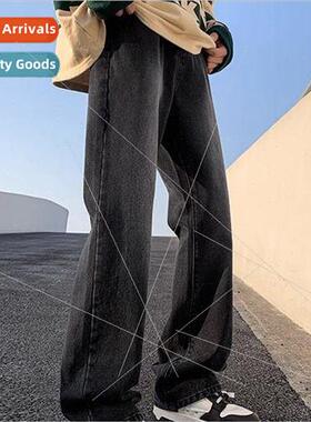 Black washed jeans mens high set American pants loose spring