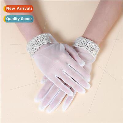 Bridal gloves white wedding pearl mesh gloves white short tr