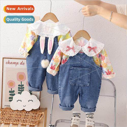 2321 Autumn Girls Cute Rabbit Bib Pants Set New Children Bab