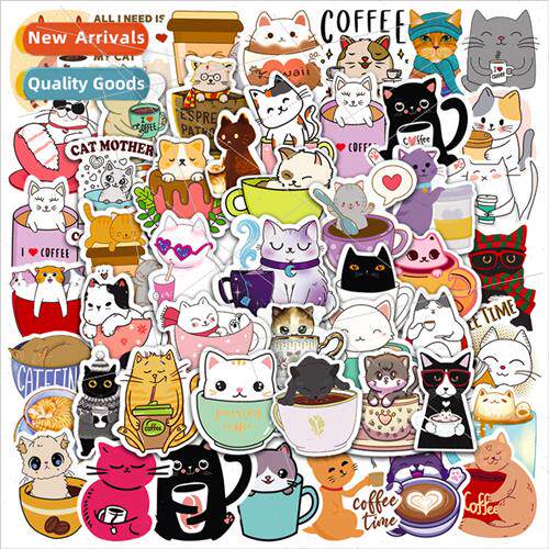 50 pcs Cat Coffee Doodle Stickers Bicycle Computer Laptop El
